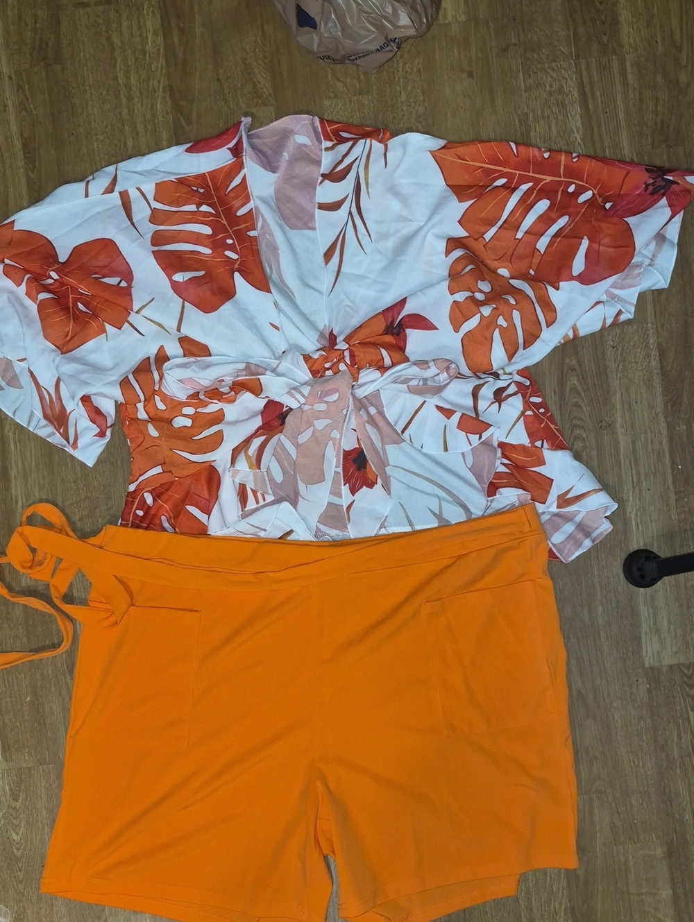 Orange Tropical Tie-Front Top And Shorts Set 5x